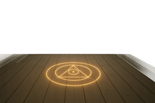 Golden eye triangle magic symbol glowing on wooden floor deck with magic symbol and transparent background