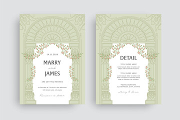 Indian Wedding Invitation with Arched Floral Frame and Heritage Architectural Detailing in Pastel Green
