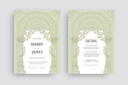 Indian Wedding Invitation with Arched Floral Frame and Heritage Architectural Detailing in Pastel Green - Powered by Adobe