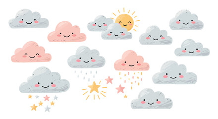 Fototapeta premium Whimsical Set of Smiling Cartoon Clouds Sun and Stars with Textured HandDrawn Style.