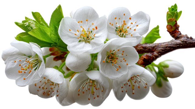 Cherry Blossom Bloom: Delicate white cherry blossoms in full bloom, captured in exquisite detail, create a serene and enchanting natural scene.