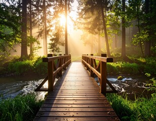 Obraz premium Magical Sunrise Over Wooden Bridge in Misty Forest with Flowing River and Lush Greenery