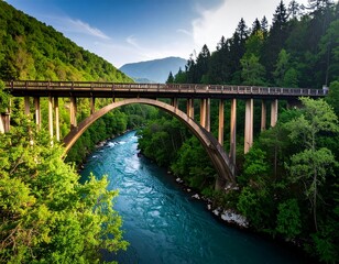 Fototapeta premium Magical Sunrise Over Wooden Bridge in Misty Forest with Flowing River and Lush Greenery