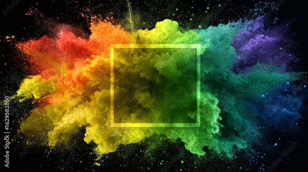 Poster a dark background is illuminated by a glowing neon rectangular frame encircled by vibrant clouds of 