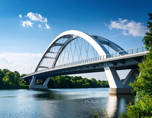 Naklejka premium Magical Sunrise Over Wooden Bridge in Misty Forest with Flowing River and Lush Greenery