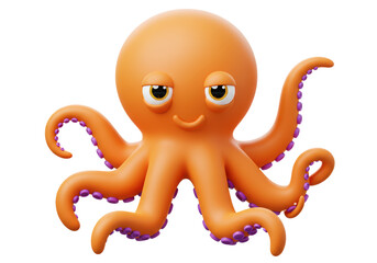 Isolated Adorable 3D Cartoon Orange Octopus with Purple Suction Cups