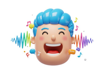 Isolated 3D Cartoon Character Head with Open Mouth Singing and Vibrating Sound Waves