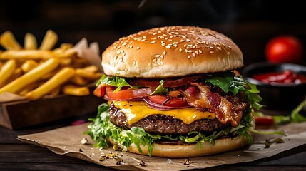 Hearty bacon cheeseburger with fries and salad on indoor table under warm soft light and dark background