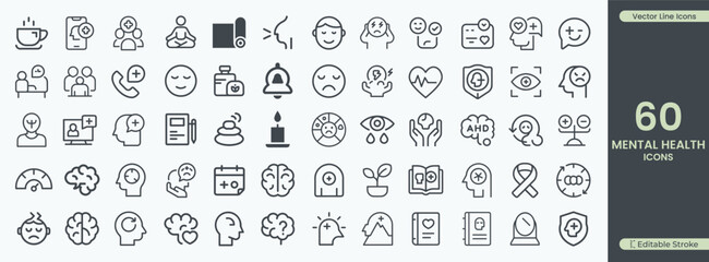 Mental health care support wellness therapy icons vector