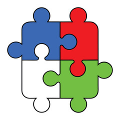 Obraz premium A vibrant puzzle with pieces in blue, green, red, and white, interlocking perfectly to create a dynamic, colorful design that sparks creativity and fun for all ages. 