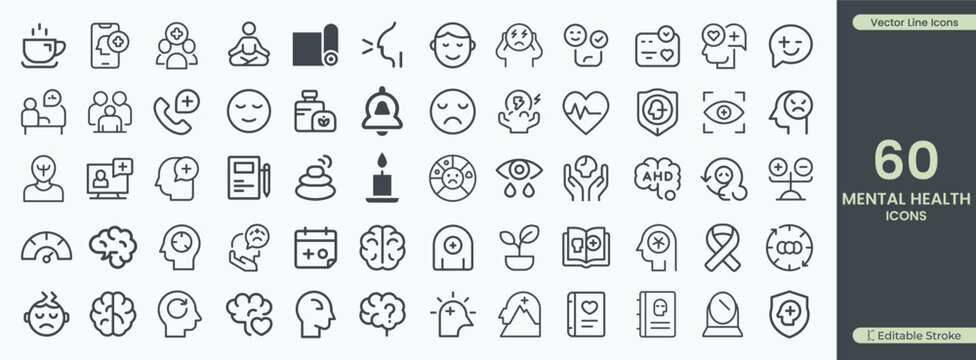 Mental health care support wellness therapy icons vector