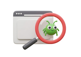 Isolated 3D Render of a Browser Window with a Magnifying Glass over a Cartoon Bug, Illustrating Debugging or Security Scan