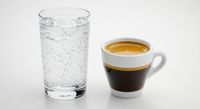 Eau gazeuse pure et espresso intense lumineux studio. AI Generated