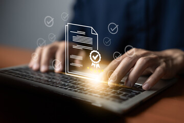 Online document certification concept. Business person typing on laptop with digital certificate icon overlay. Modern secure document verification, quality assurance, and digital approval system.