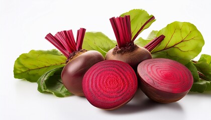 fresh beetroots with slices and green leaves on white background