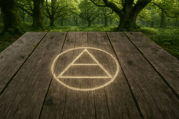 Triangle with horizontal line symbol glowing on rustic wooden planks in forest deck with magic symbol and transparent background