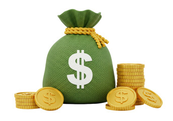 Isolated Green Money Bag with Dollar Sign and Stacked Gold Coins, Symbolizing Wealth and Finance