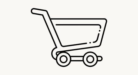 A minimalist black line art icon of a shopping cart, a symbol for e-commerce, retail, and online purchasing.