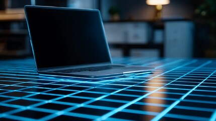 Holographic grid displayed above laptop touchpad soft neon blue light floating in modern office space