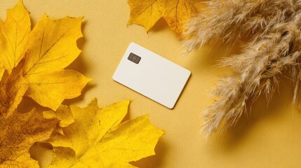 Blank credit card surrounded by autumn leaves and pampas grass.