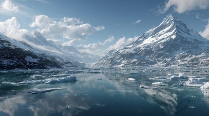 Vast glacier lake reflects snow-capped mountains under a partially cloudy, bright blue sky
