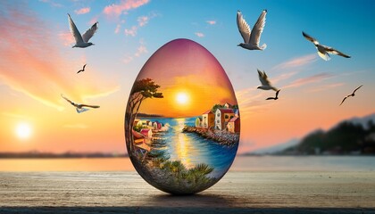 easter egg handpainted pastel colors miniature scene coastal landscape flying birds this emotive painted egg reveals peaceful sunset port scene with villagers and birds evoking warm memories
