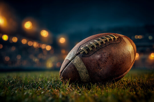 Vintage rugby ball on a field during evening game