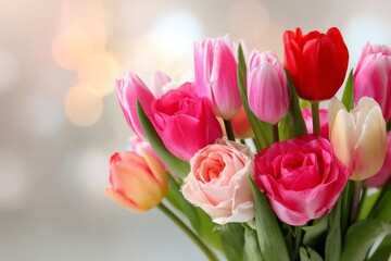 Fototapeta premium A gorgeous collection of pink and red roses with delicate buds is beautifully set against a soft, blurred background