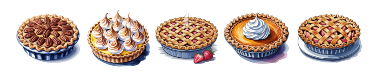 Set of delicious pies including strawberry, apple, pumpkin, pecan, and lemon meringue. Hand-painted watercolor style vector illustrations isolated on transparent background for versatile use.