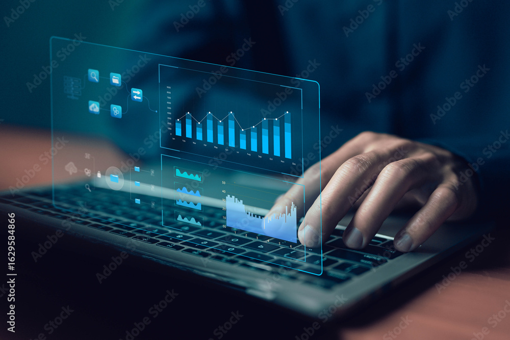 Fototapete business analytics and data visualization concept. man working on laptop with virtual dashboard, gra