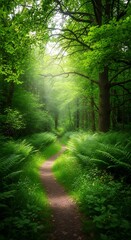 Obraz premium Sunlight streams through a winding forest path.