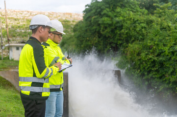Dam engineers are inspecting the operation of the high-pressure water release station