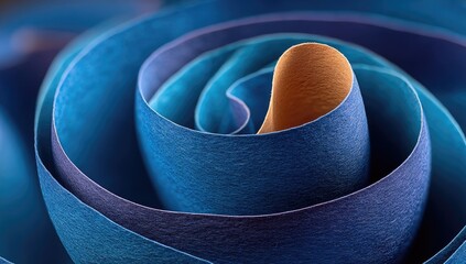 Close-up of a swirling, paper rose, shades of blue and tan