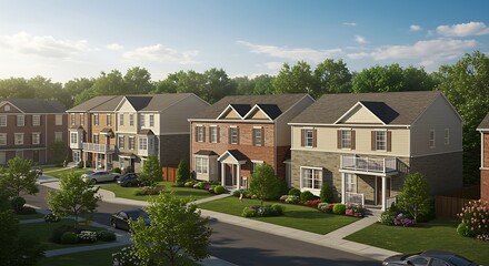 Aerial view of suburban neighborhood with townhouses cars and green trees on a sunny day landscape