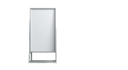 Vertical, rectangular display case, white, framed, with a base