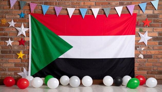 Sudanese flag displayed festively with balloons and bunting against a brick wall.