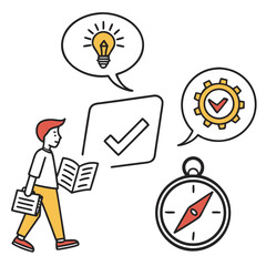 Business strategy planning with checklist, compass and gear isolated on white background