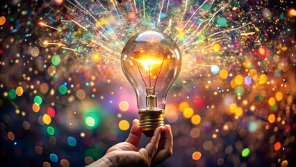 Hand Holding Glowing Lightbulb; Festive Sparkles, Bright Bokeh Background; Inspiration, Innovation Concept