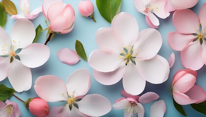 soft pastel floral background with apple blossoms and petals