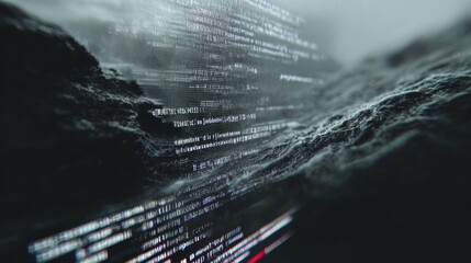 Abstract digital code flowing over dark textured surface in cyberspace concept scene.
