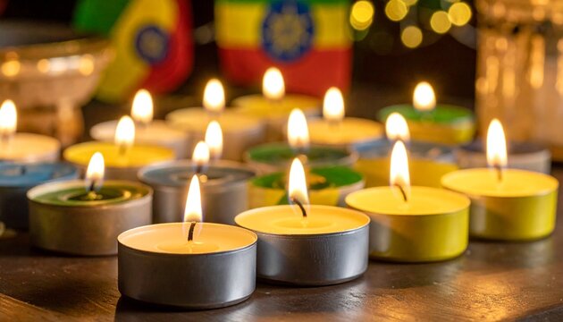 A close-up of many colorful lit tealight candles glowing in the dark with an Ethiopian flag in the background.