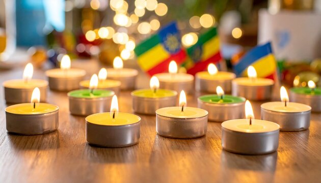 A warm, glowing arrangement of lit tealight candles with small Ethiopian flags and festive bokeh lights.