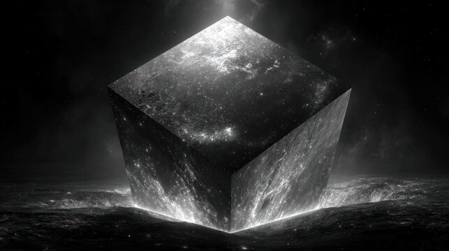 B&W cube hovering over cratered ground; cosmic starlight emanates from below its base