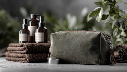Olive-green canvas cosmetic bag, surrounded by natural beauty products and towels
