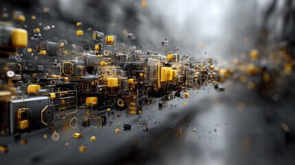 Futuristic tech blocks and circuits floating in digital space environment.