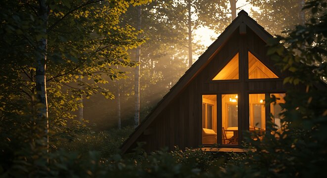 A frame cabin nestled among trees with light streaming through the forest and windows at dusk