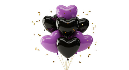 Black and purple heart-shaped balloons with golden confetti, festive decoration perfect for Valentine's Day or romantic events