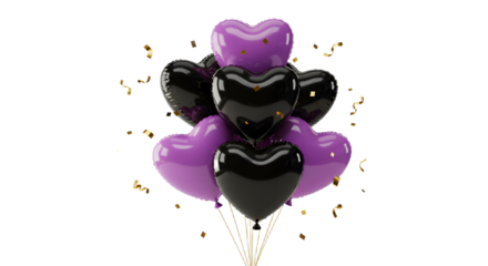 Black and purple heart-shaped balloons with golden confetti, festive decoration perfect for Valentine's Day or romantic events