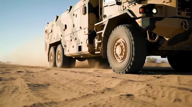 Armored vehicle driving through desert terrain on a sunny day