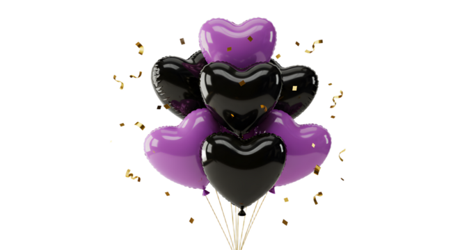 Black and purple heart-shaped balloons with golden confetti, festive decoration perfect for Valentine's Day or romantic events - Powered by Adobe